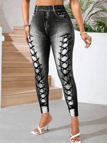 SHEIN Lady Quần legging buộc dây họa tiết ngô co giãn dành cho nữ - màu đen - Xem 5