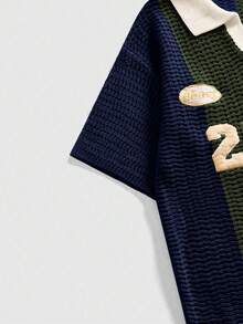 ROMWE MEN Men's Embroidered Striped Jacquard Knit Polo Shirt - Navy Blue - View 4
