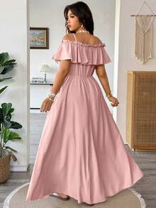 Vionelle Plus Size Women's Dusty Pink Summer Boho Spaghetti Strap Dress, Elegant Ruffled Criss-Cross Off-Shoulder Long Dress, Wedding Vacation Guest Tea Party - Baby Pink - View 2