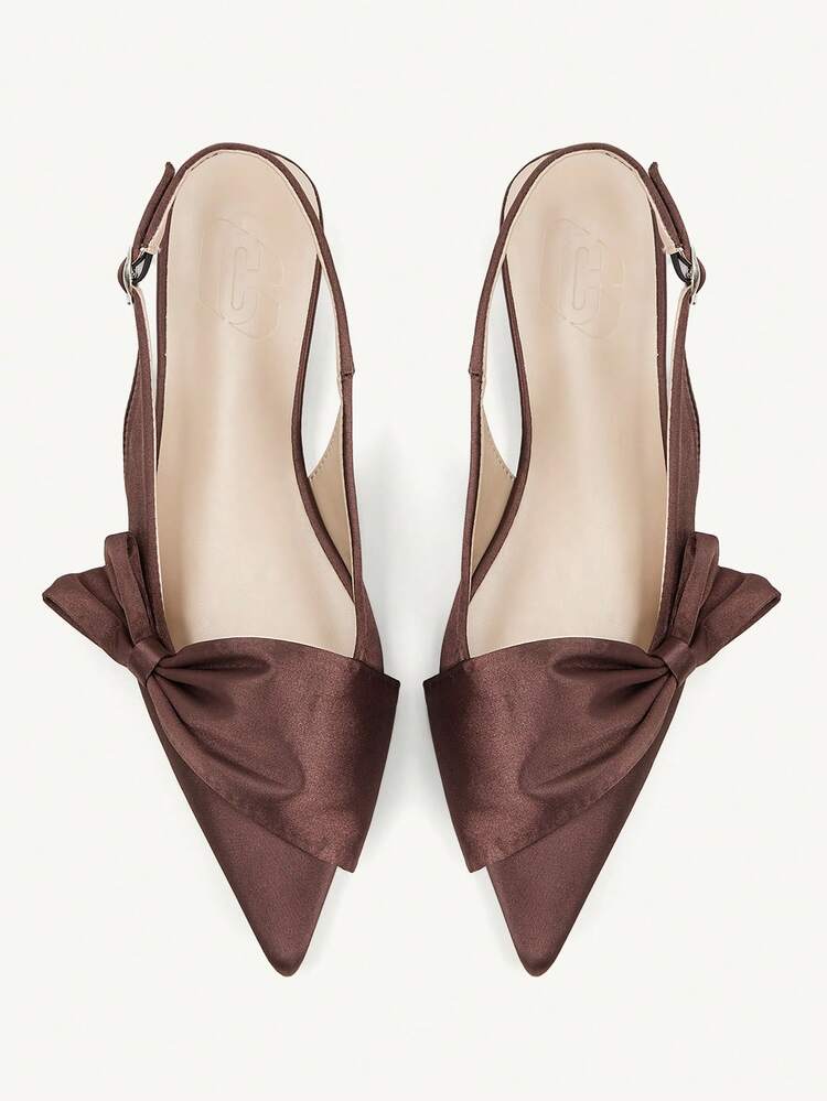 CUCCOO CHICEST Women Shoes Spring Summer Satin Big Bow Decorated Back Tripple Tip Flat Bottom, French Elegant Style Brown Satin Women's High Heel Sandals Home Wear Outside Commuting Shopping Dating Holiday Gifts
