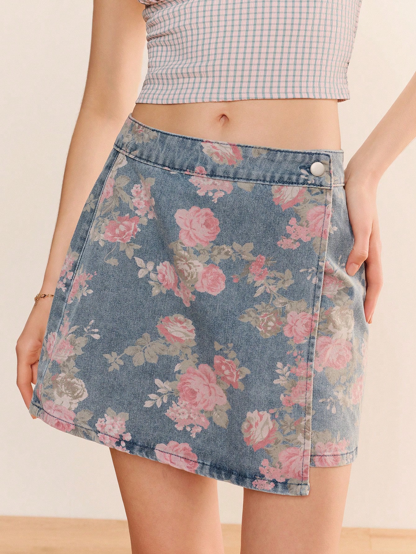 Pink Floral Print Denim Skirt Spring Summer French Style Parisian Style Casual Outfit Vacation Outfit Holidya Outfit Chic Skirt Cotton Skirt Vintage Style