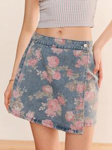 lacRébo Pastal Floral Print Denim Skirt, Spring Summer French Style Cute Sexy Casual Vacation Chic Cotton Vintage Swimming Everyday Pink Blue - Medium Wash - View 3