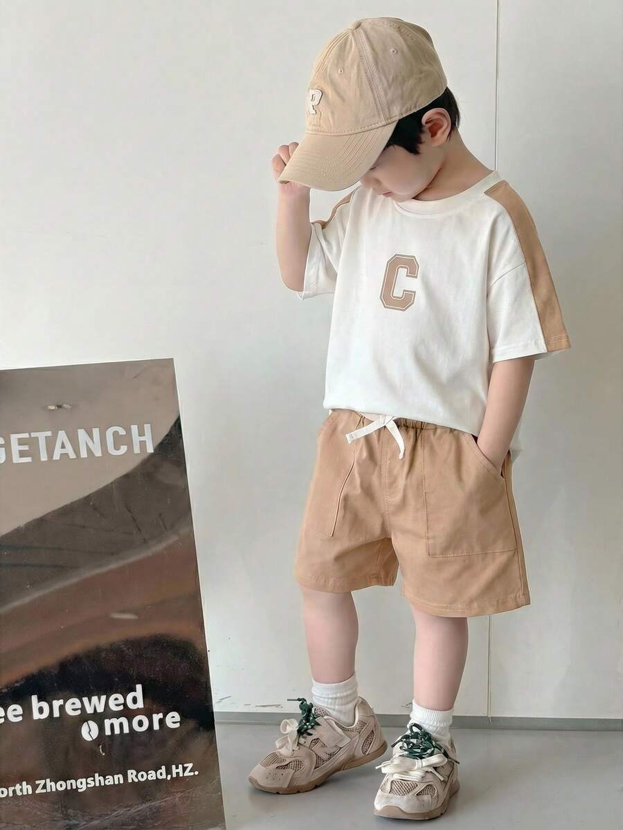 SHEIN Little Byeori 2pcs Young Boys' Casual Contrasting T-Shirt And Sports Knitted Shorts Set,Children's Clothing For Summer,School,Back-To-School,Home,Party & Vacation - Khaki - View 1
