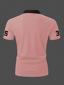 Manfinity Homme 加大码男士夏季标语印花短袖休闲Polo衫，适合办公室和日常穿着，撞色图案高尔夫球衫 - 粉色 - 查看 2