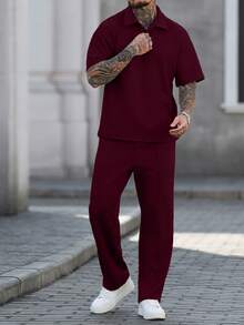 Manfinity Homme Conjunto de camisas polo casuales de manga corta con textura para hombre - Burdeos - Ver 3