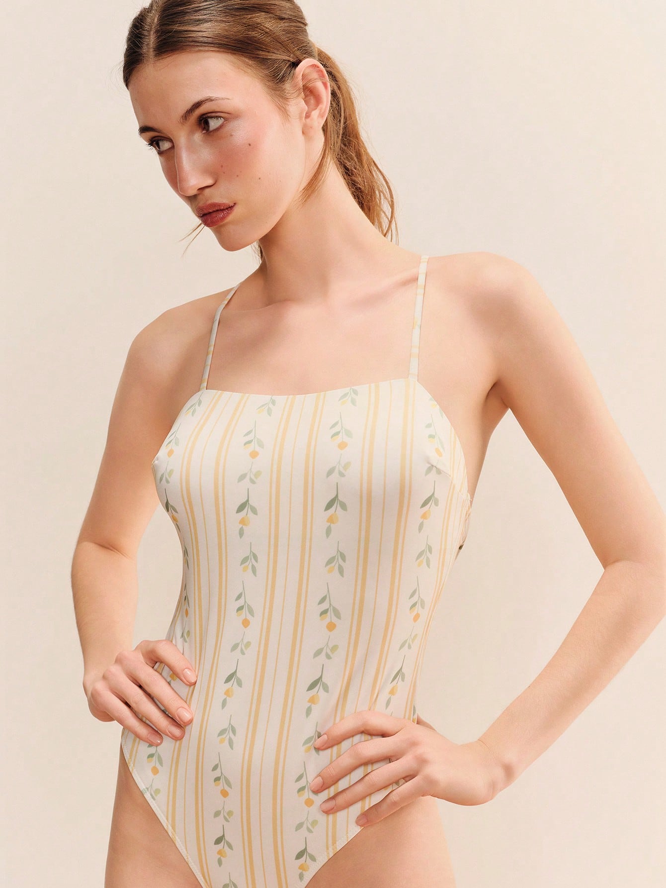Yellow Floral Print Striped High-Leg One-Piece Swimsuit With Cross-Back Straps Spring Summer Vacation Beach