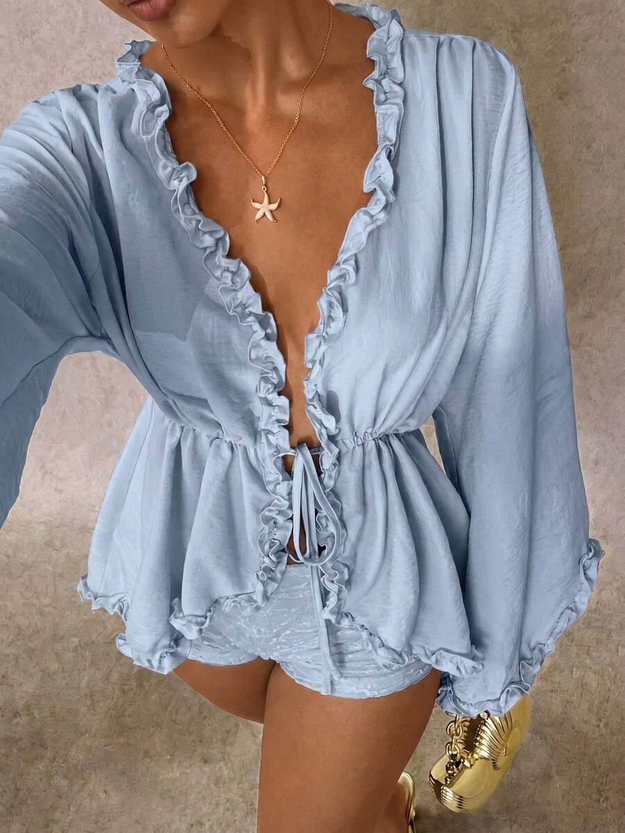 Glamine Blusa holgada con cintura fruncida y volantes para mujeres
