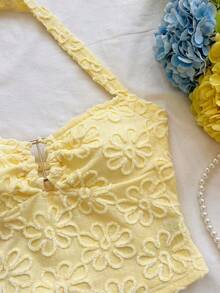 Conjunto Casual de 2 Piezas para Mujer : Top Halter con Volantes a Rayas y Pantalones Cortos - Amarillo claro - Ver 5