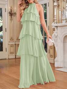 Vestido largo y fluido con cuello de halter y volantes en capas de color rosa elegante para vacaciones de verano - verde menta - Ver 6