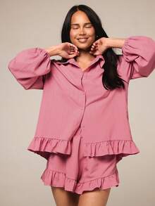 Women's Long Sleeve Single-Breasted Shirt And Shorts Pajama Set - Pink - View 5