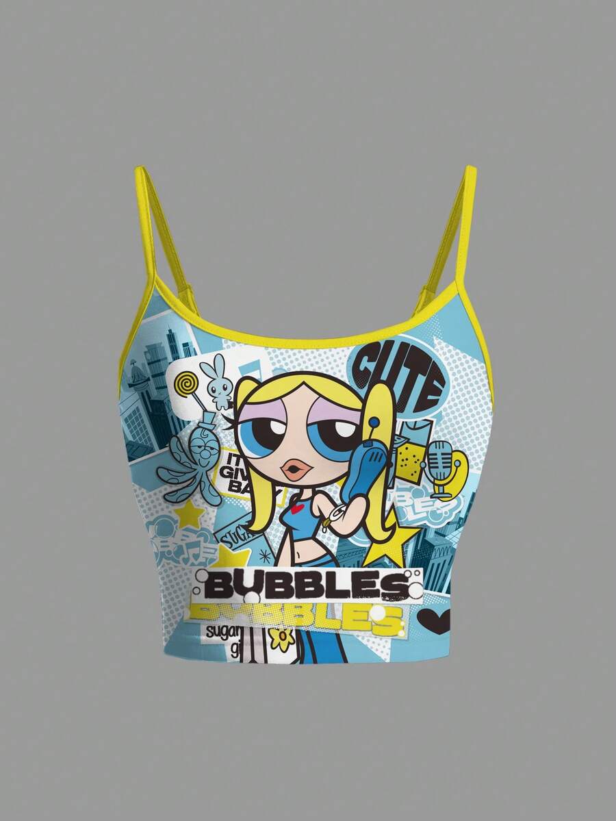 THE POWERPUFF GIRLS X SHEIN 女士字母卡通印花无袖背心，夏季 - 白色 - 查看 1