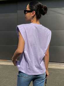 DAZY Summer Casual Solid Color Wide Strap Padded Shoulder T-Shirt Y2K - Purple - View 2