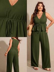 Elaquor Plus Size Summer Casual Solid Color V-Neck Tie-Waist Tank Top And Pants 2-Piece Set - Army Green - View 1