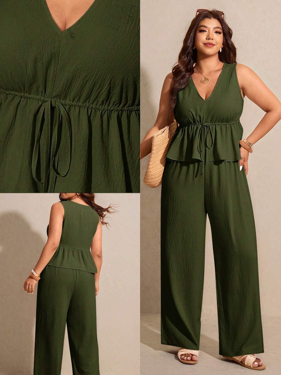 Elaquor Plus Size Summer Casual Solid Color V-Neck Tie-Waist Tank Top And Pants 2-Piece Set - Army Green - View 1