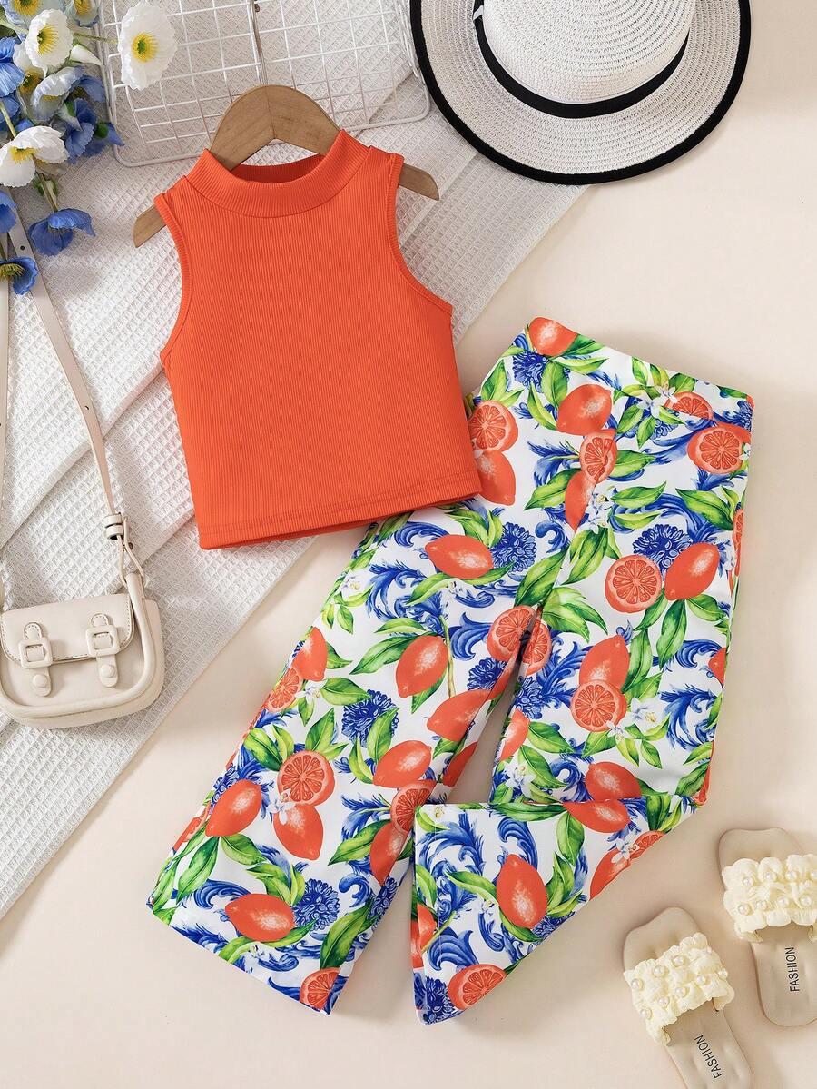 Young Girls 2pcs Set: Sleeveless Yellow Top + Lemon Print Wide Leg Pants, Fashionable Casual Outfit Suitable For Daily Wear, Beach Holiday, Summer - Orange - View 1