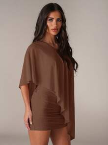 SHEIN BAE Đầm mini ôm sát màu hồng trơn, kiểu dáng thường ngày cho nữ mùa xuân và hè, thích hợp đi nghỉ mát, vai lệch, bèo nhún, cùng khăn choàng, xếp ly, thanh lịch và gợi cảm, thích hợp cho chị em gái mặc ngoài trời, đi biển, đi nghỉ mát, đầm hồng, đầm hồng cưới, đầm hồng thanh lịch và gợi cảm. - màu nâu - Xem 5