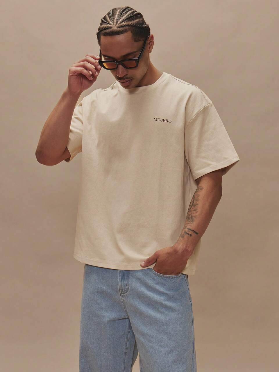 Cream & BrownShort Sleeve Crewneck Oversized Graphic "Personality" Tshirt