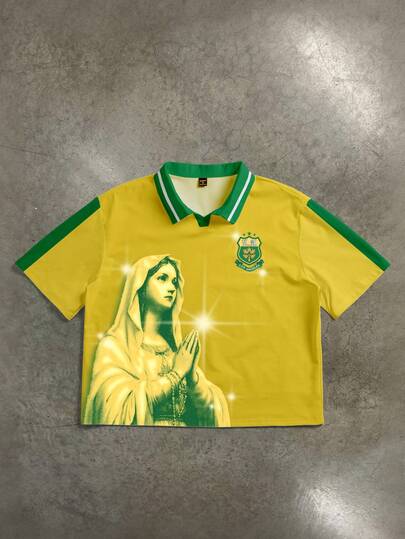 Manfinity ZONE917 Box-Cut Sporty Prayer Virgin Mary Soccer Logo Colorblock V-Neck Short Sleeve Polo Shirt