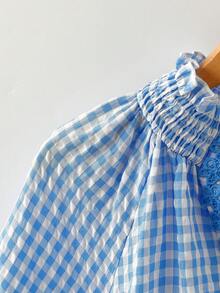 Linhara Plus Size V-Neck Gingham Blouse With Contrast Embroidered Trim And Ruffle Sleeves, Fresh French Style - Blue - View 5