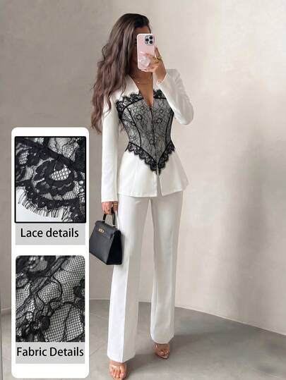 Modelyn Women's Spring/Summer Lace Contrast Color Patchwork V-Neck Elegant Fashion Suit Set
