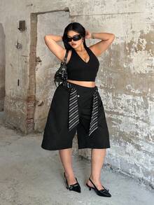 SHEIN CURVE+ Quần dài và quần short cỡ lớn thời trang, thoải mái, tiện dụng, cạp chun bất đối xứng, dài đến đầu gối, phù hợp cho các buổi đi chơi, đi học và mặc hàng ngày vào mùa xuân/hè. - màu đen - Xem 3