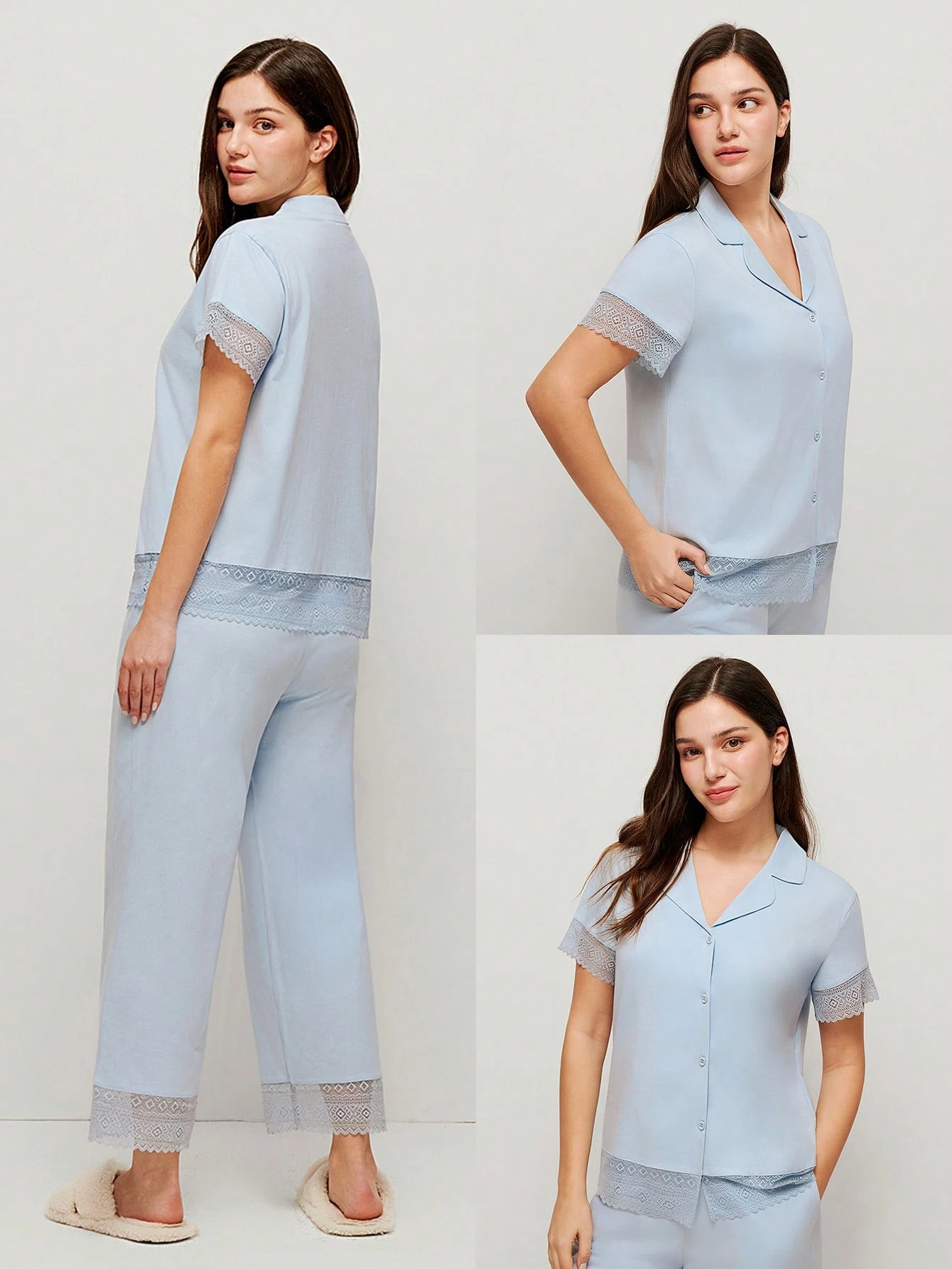 Set di pigiama da donna in cotone traspirante con pizzo elegante, top con maniche corte e bottoni, pantaloni con tasche, lingerie romantica per rilassarsi comodamente a casa