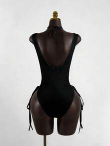 EMERY ROSE Women's Solid Color Metal Decor Hollow Design Sexy Halter Jumpsuit - Black - View 2