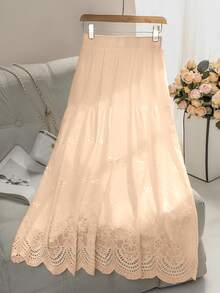 Modelyn Elastic Waist Eyelet Embroidery Skirt For Women, Spring/Summer - Orange - View 2