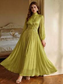Anewsta Elegante abito con maniche a petalo, vita stretta, decorato con perline e fiori 3D in tessuto lucido, nuovo abito da donna adatto per festival, celebrazioni e casual kaftan - Verde - Visualizzare 6