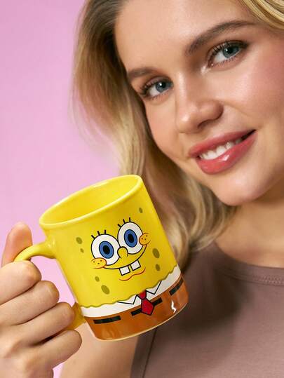 SpongeBob SquarePants | SHEIN 1pc 10.14oz/300ml Cartoon Pattern Printed Ceramic Mug, Microwave S Afe, Dishwasher S Afe, Suitable For Holding Water, Milk, Juice, Coffee, Tea, Sponge