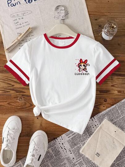 THE POWERPUFF GIRLS X SHEIN Tween Girls' Casual Sports Chic Street Everyday Commute Cartoon Letter Print Contrast Trim Short Sleeve T-Shirt, Summer