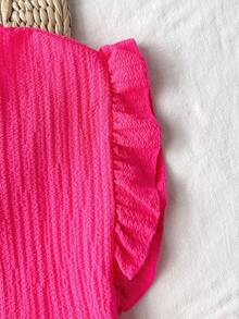 SHEIN 2pcs/Set Young Girl Pink Textured Round Neck T-Shirt And Shorts - Hot Pink - View 5