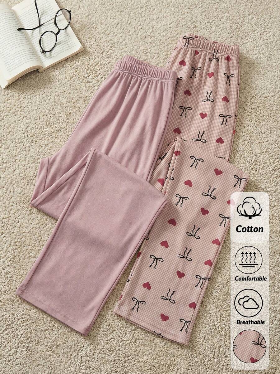 SHEIN Cotton Line 女士多色条纹爱心印花高腰两件套舒适休闲裤套装，适合日常穿着 - 彩色 - 查看 1