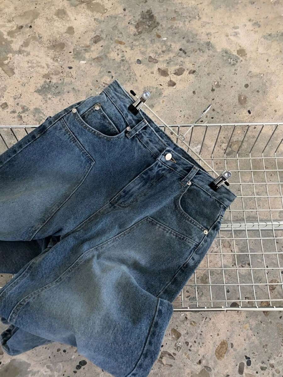 Quần jeans ống rộng dáng casual dành cho nữ, đã qua xử lý giặt. - Rửa tối - Xem 1