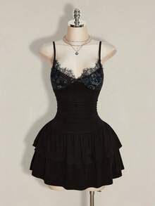 SHEIN ICON Women's Elegant Lace Patchwork Double-Layer Ruffle Hem Dress,Dresses For Women Summer - Black - View 3
