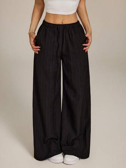 SHEIN PETITE Women's Versatile Textured Pleated Pocket Drawstring Waist Palazzo Pants