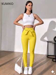 Pantalón con Cintas al Frente para Moño en Cintura.  Pantalón de Vestir Efecto Levanta Pompa. - Amarillo - Ver 5