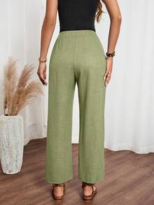 EMERY ROSE Women's Denim Effect Linen Floral Trim Side Pants - Olive Green - View 2
