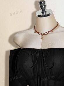 SHEIN ICON Áo kiểu nữ màu nâu, tay dài, trễ vai, phong cách phương Tây, phối nhiều mảnh vải, eo, thích hợp cho mùa thu/đông. - màu đen - Xem 4