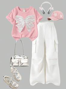 SHEIN Elladie kids Bộ 2 món cho bé gái tuổi teen, áo thun và quần cargo, áo thun cổ tròn tay ngắn thêu nơ và quần, trang phục thời trang cho mùa xuân/hè. - Hồng - Xem 5