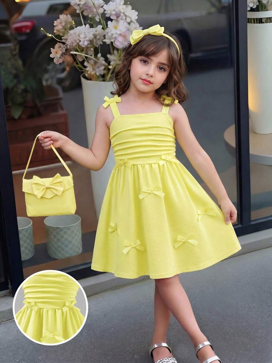 Elladie kids 优雅纯色褶皱蝴蝶结吊带长裙，适合大龄女孩，时尚无袖正式连衣裙，适合外出、派对、返校季、春夏穿着。