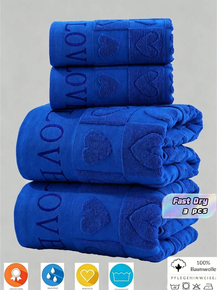 3pcs Pure Cotton Jacquard Heart (Thin And Light) 100% Cotton Bathroom Towel/Or Optional Towel Fabric Is Not Thick, Suitable For Business Trips And Travel, Lightweight For Carrying Couple Gifts, Home Use All Cotton Absorbent, Choose Your Favorite Size, Refer To Size Chart, Wedding Party, Home Decoration - Royal Blue - View 1