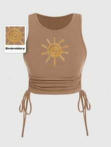 ROMWE Áo tank top nữ kiểu hippie thêu họa tiết tia nắng mặt trời, xếp ly. - Màu Khaki - Xem 1