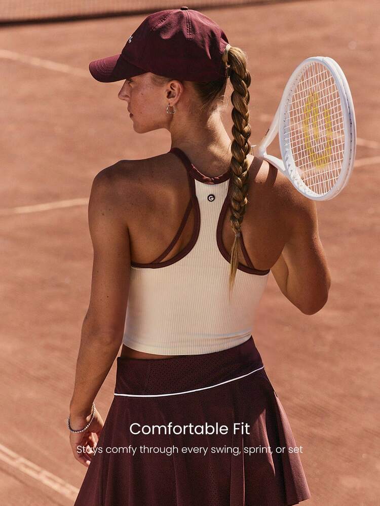 FeatherFit™- Ribbed Serve It Fitted Waist Length Contrasting Trim Halterneck Tank Top Tennis Golf Pickleball Daily Casual Wear