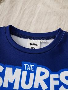 SHEIN X The Smurfs 2件套男童圆领短袖T恤和条纹裤套装 - 藍白色 - 查看 3