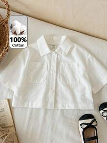 SHEIN Baby Girl Solid Color Short Sleeve Single-Breasted Pocket Shirt - White - View 1