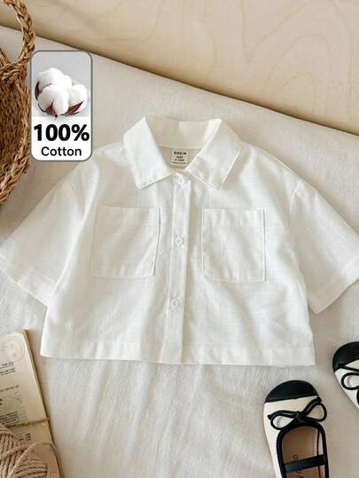 SHEIN Baby Girl Solid Color Short Sleeve Single-Breasted Pocket Shirt