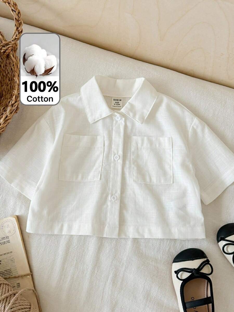 SHEIN Baby Girl Solid Color Short Sleeve Single-Breasted Pocket Shirt - White - View 1