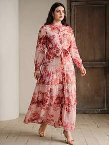 Anewsta Spring & Summer New Arrival Stand Collar Dopamine Floral Print Elegant Maxi Dress, Fashionable Vacation Style, Suitable For Valentine's Day Outfit - Multicolor - View 7