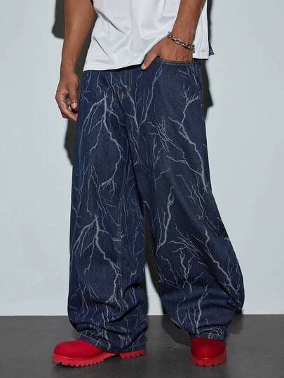 Modcrash LIYS Vintage Blue Lightning Jacquard Loose Straight Leg Jeans, High Street Dystopian Style, Unisex Casual Pants